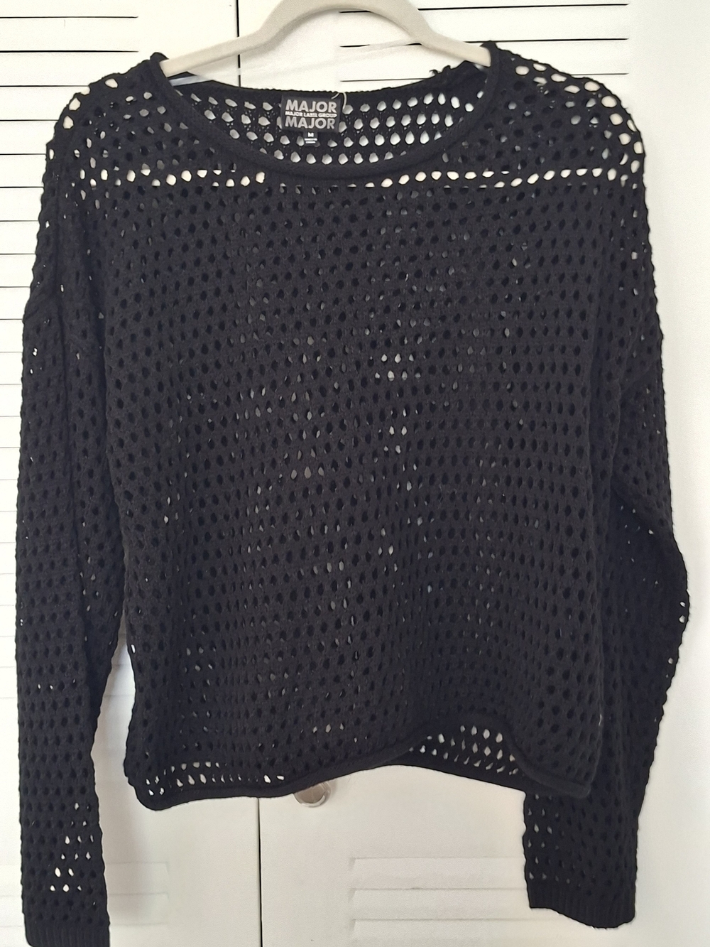 Black Open-Knit Crewneck Top